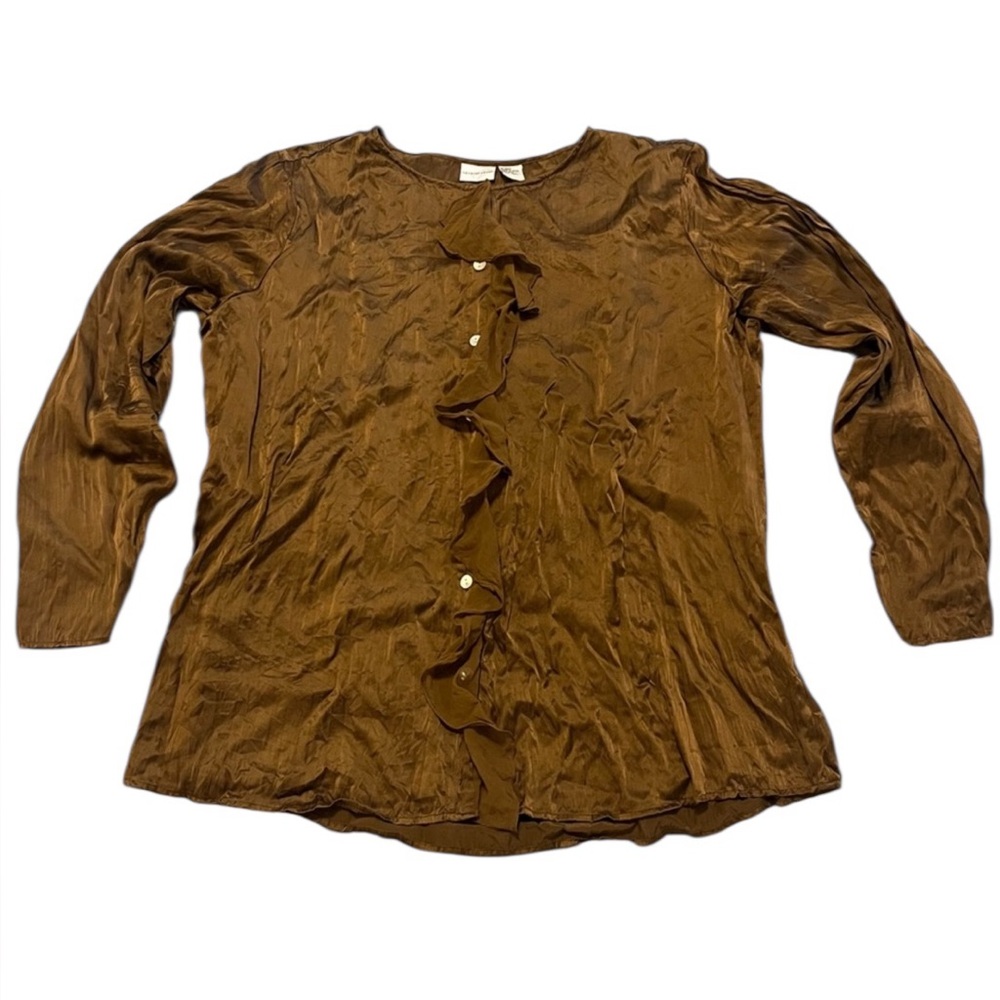 Newport News Silk Ruffled Crinkle Blouse – Brown – Size Large